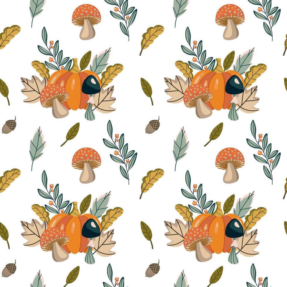Seamless autumn pattern featuring pumpkins, mushrooms, leaves, acorns, and berries. Ideal for fall-themed textiles, wallpapers, and seasonal packaging designs with warm and earthy tones. vector