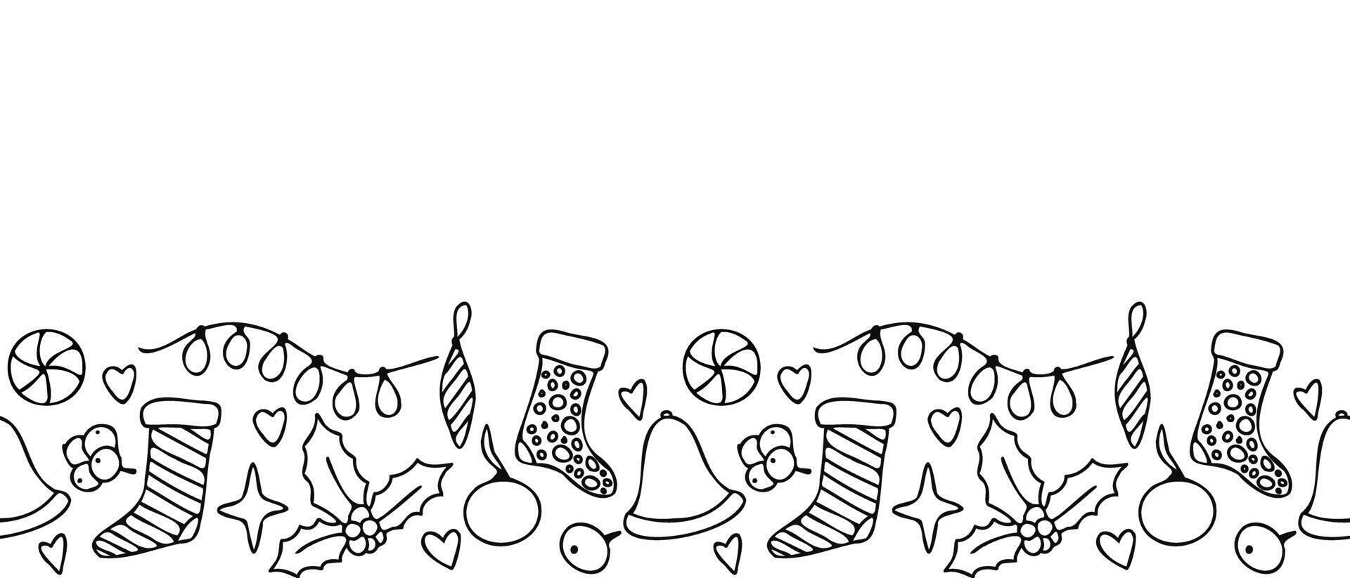 Seamless banner with Christmas doodle outline illustration with festive elements like holly, candies, stockings, bows, and ornaments. Ideal for banners, cards, DIY crafts, and holiday design vector