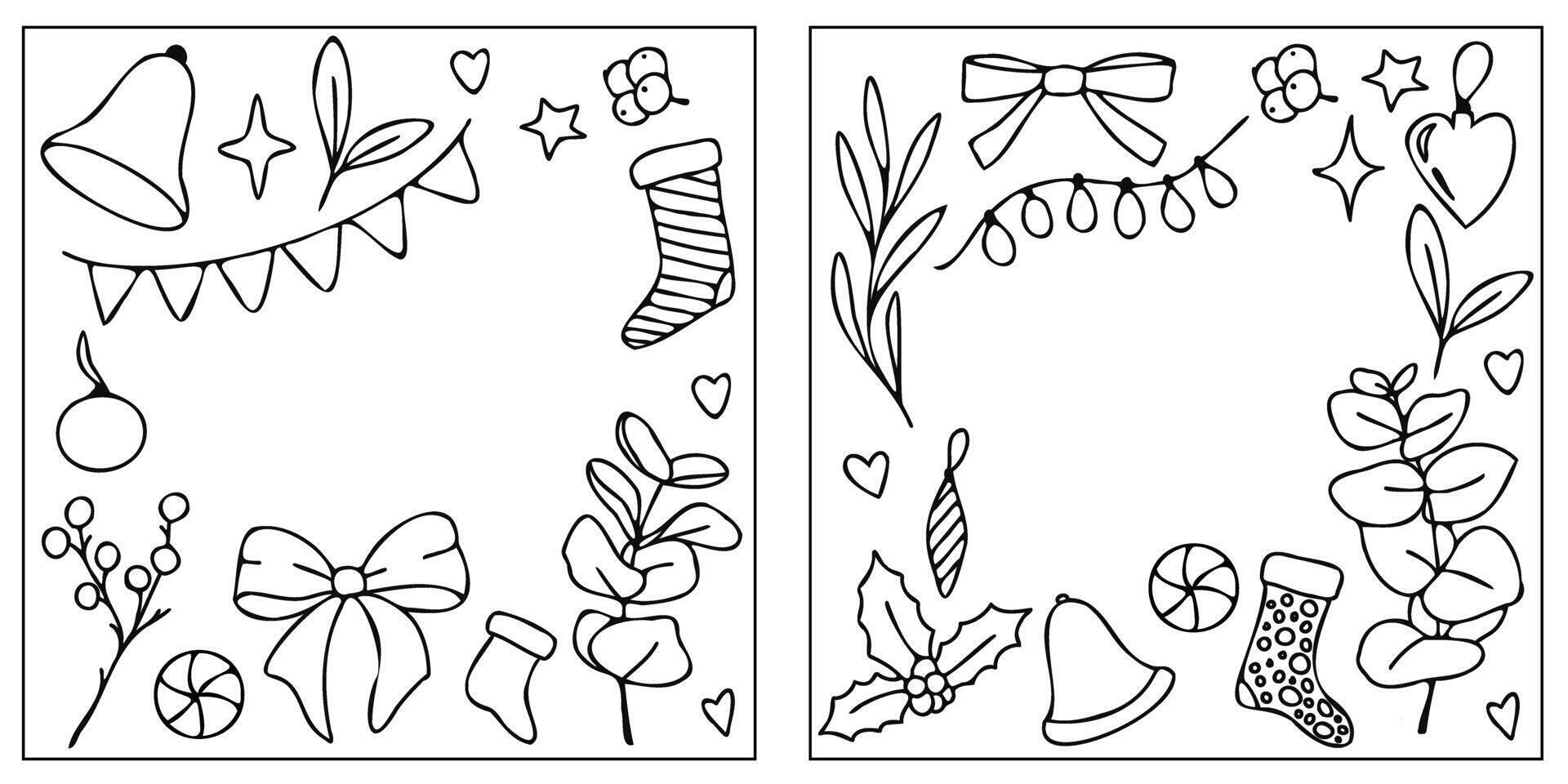 Card with Christmas doodle outline illustration with festive elements like pine cones, holly, stockings, bows, and ornaments. Ideal for coloring pages, DIY crafts, and holiday designs. vector