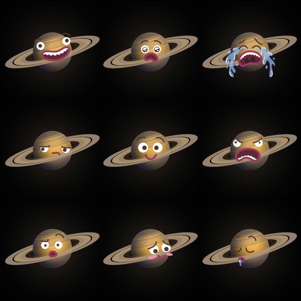 Funny cartoon illustration of planet Saturn with different expressions. Smiling surprised crying sad happy angry confused blushing sleeping faces emojis. Flat colors vector