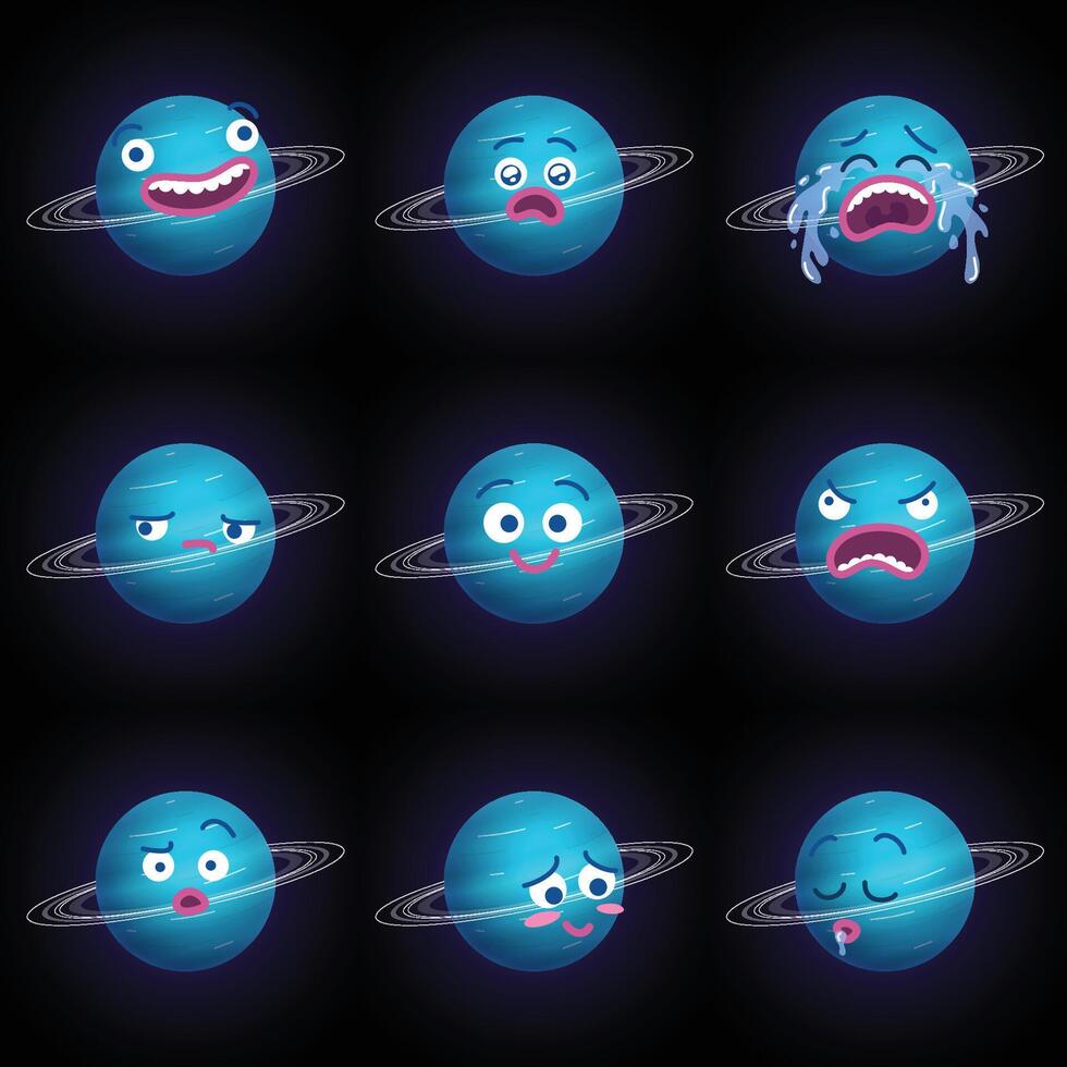 Funny cartoon illustration of planet Uranus with different expressions. Smiling surprised crying sad happy angry confused blushing sleeping faces emojis. Flat colors vector
