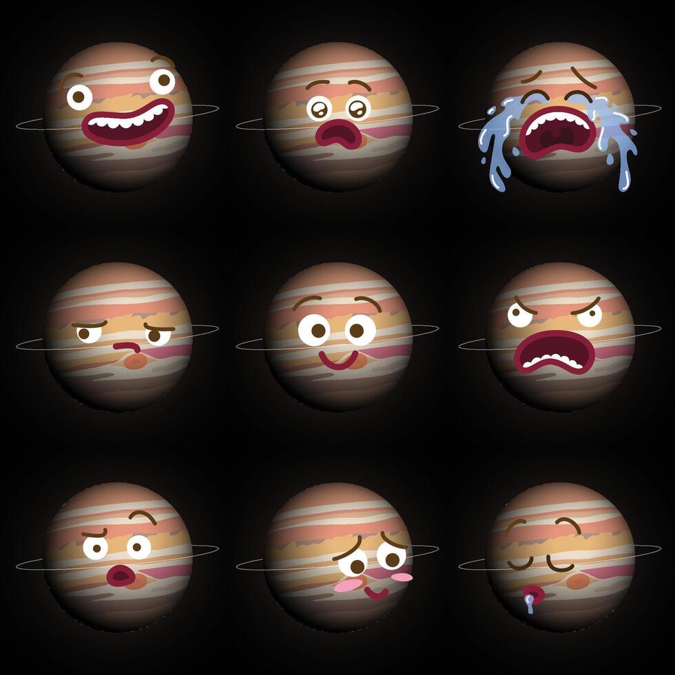 Funny cartoon illustration of planet Jupiter with different expressions. Smiling surprised crying sad happy angry confused blushing sleeping faces emojis. Flat colors vector