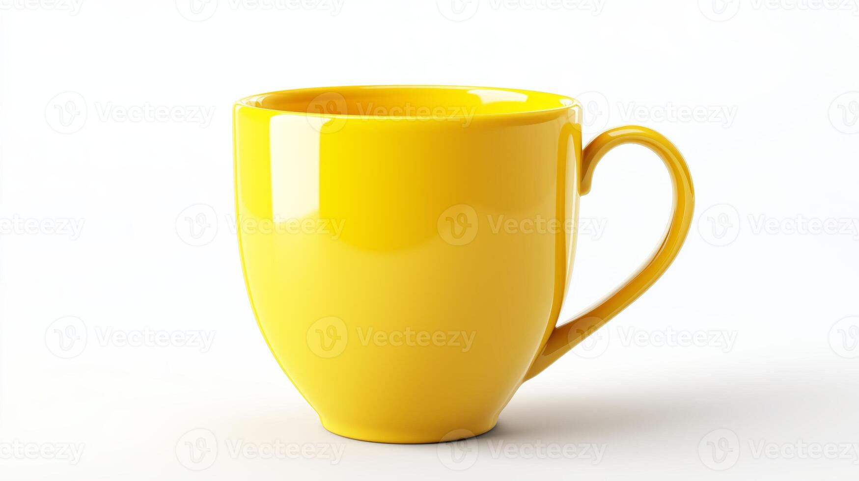 A bright yellow ceramic cup displayed against a simple white background highlighting its smooth surface and rounded shape photo