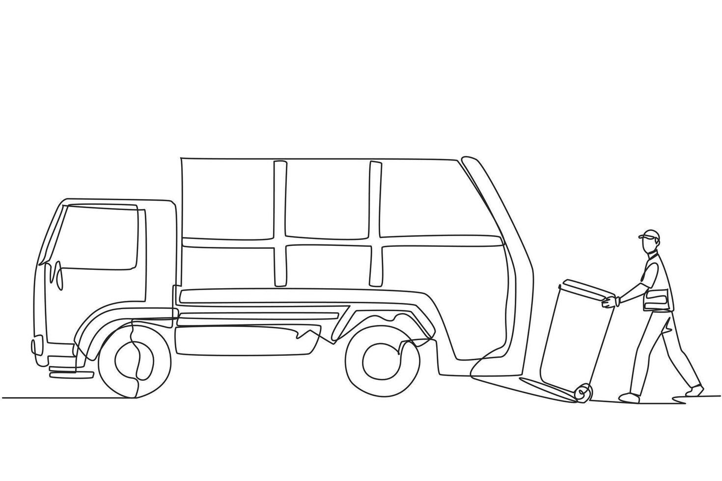 Single one line drawing trash man loads the trash can into the trash truck. Garbage trucks will drive around to pick up trash elsewhere. Environmental care. Continuous line design graphic illustration vector