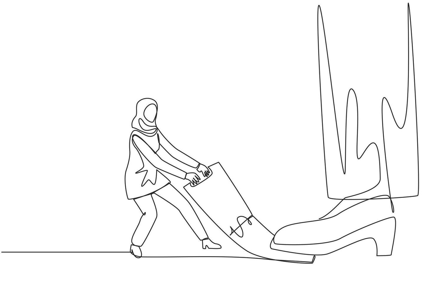 Single continuous line drawing Arab businesswoman pulling banknotes that were stepped on by the giant feet. Extra struggle to withdraw the money that due payment. One line design illustration vector