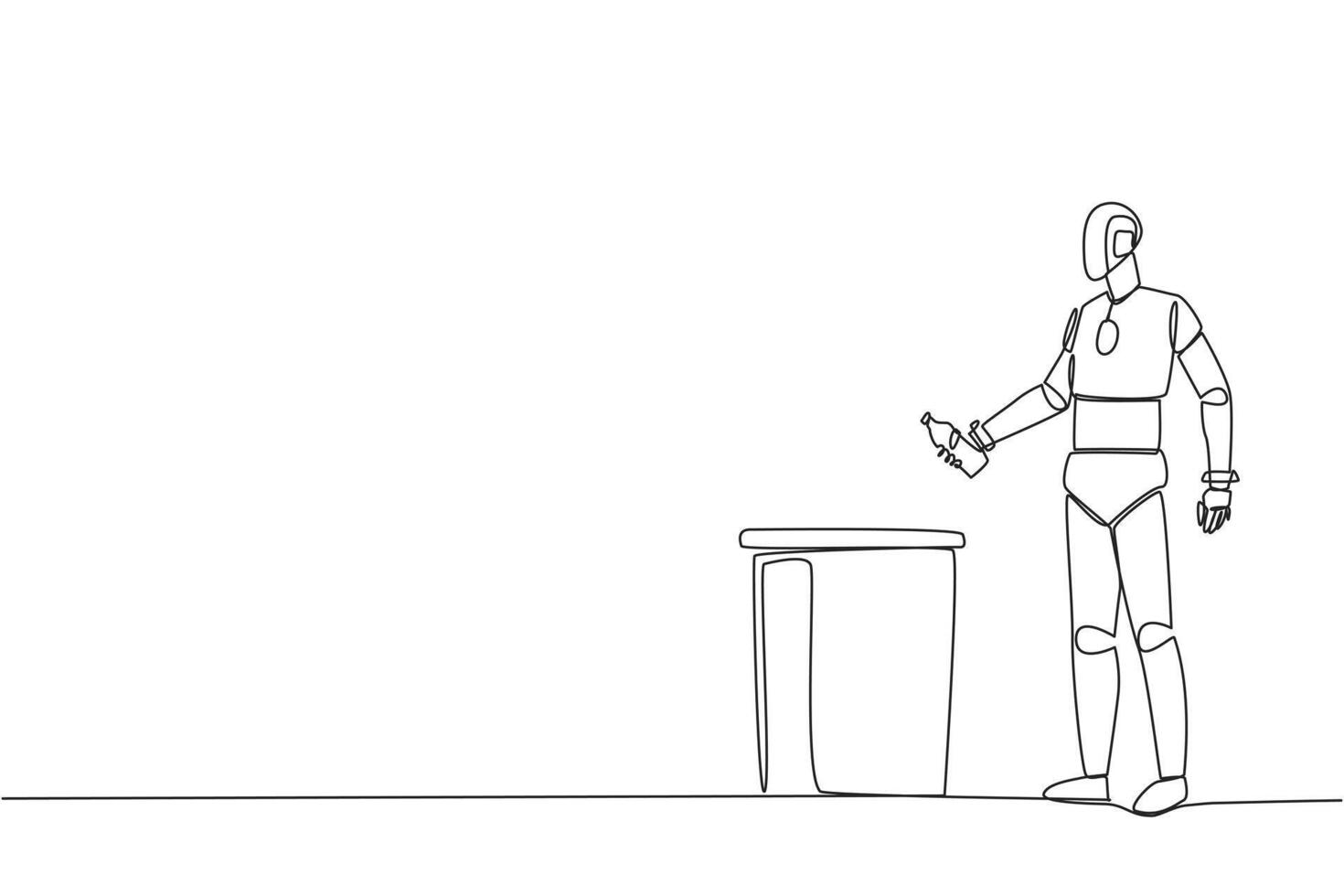 Continuous one line drawing robot throw used plastic bottles into overflowing trash cans. Environmental care. Programmed to always be clean. Future tech. Single line draw design illustration vector