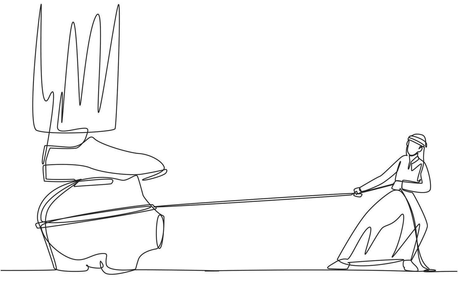 Single continuous line drawing Arab businessman tries to take piggy bank stepped on by giant foot. Do it in various ways, including using a rope. Appropriateness. One line design illustration vector