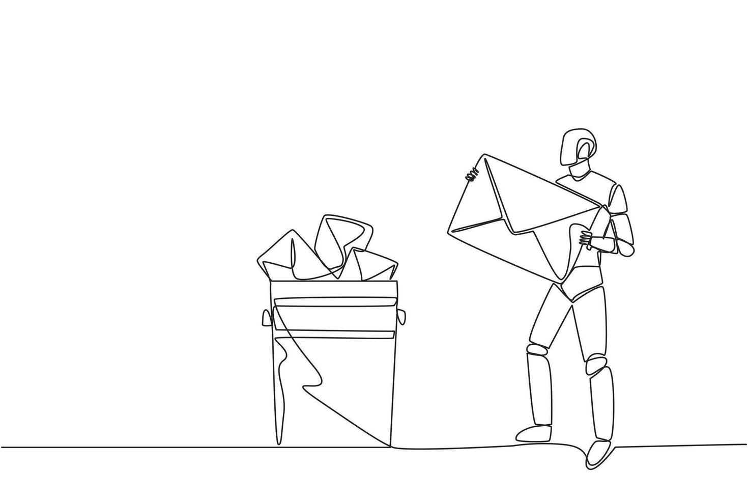 Single one line drawing robot throw large envelope in the trash. Eliminates the many bugs that plague artificial intelligence. Future technology concept. Continuous line design graphic illustration vector
