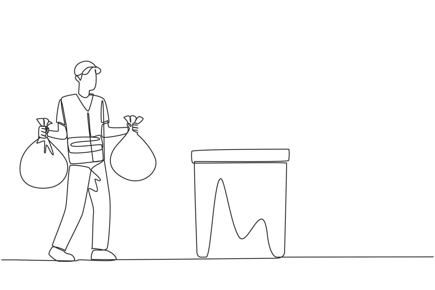 Single continuous line drawing trash man carrying two plastic trash bags. Clean more thoroughly. Clean environment, fresh air, avoid disease. Environmental care. One line design illustration vector