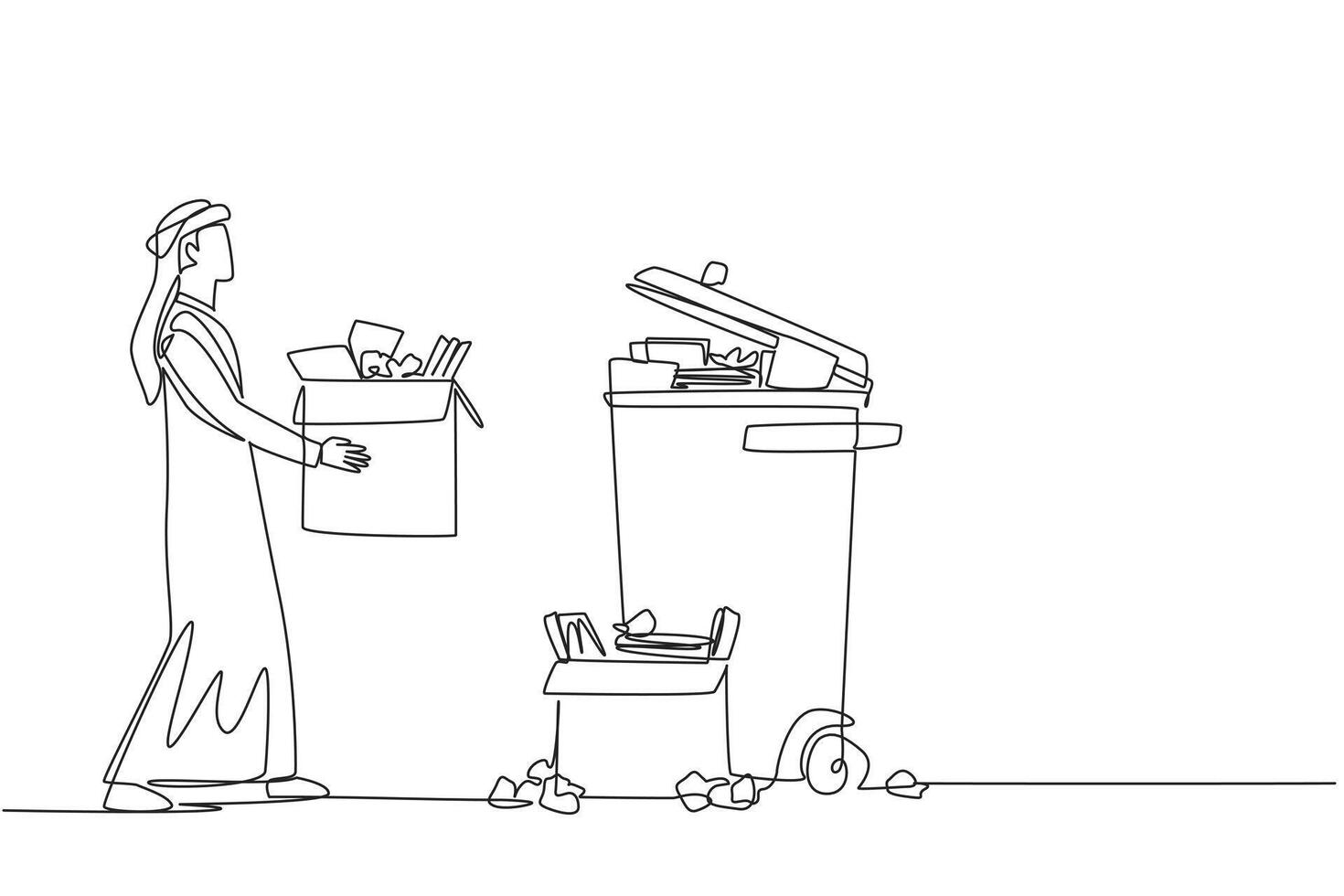Single continuous line drawing Arab businessman carrying a cardboard box full of piles of paper to trash. Clean things that distract the mind to focus on business. One line design illustration vector