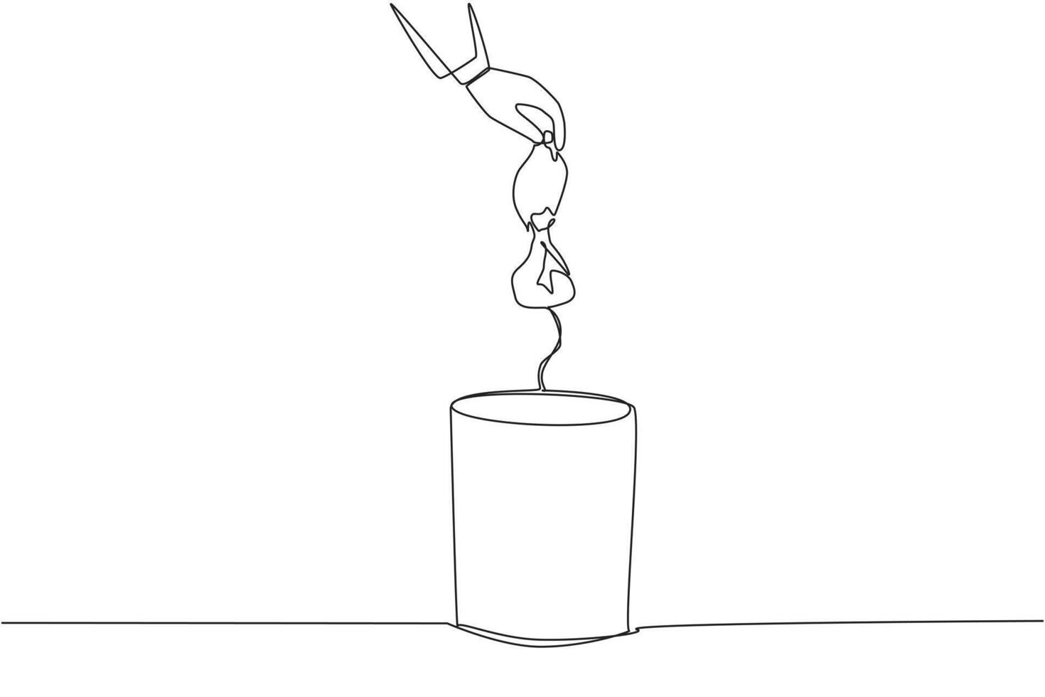 Continuous one line drawing businessman's hand throwing away a crushed plastic bottle. Best way to dispose of plastic items. Can be reused. Can be recycled. Single line draw design illustration vector
