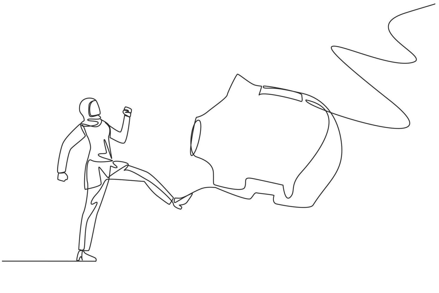 Single one line drawing Arab businesswoman kicking piggy bank. Emotional. Spending capital to releasing assets. Struggle to maintain business. Try the luck. Continuous line design graphic illustration vector
