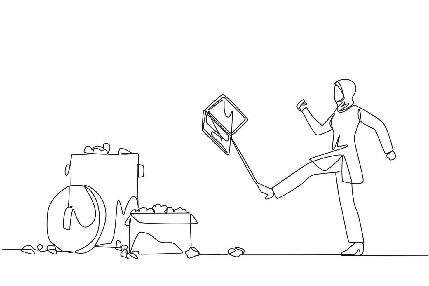 Single continuous line drawing angry Arab businesswoman kicked the laptop into the trash. Venting emotions fails to achieve profit targets. Temperamental. Broken. One line design illustration vector