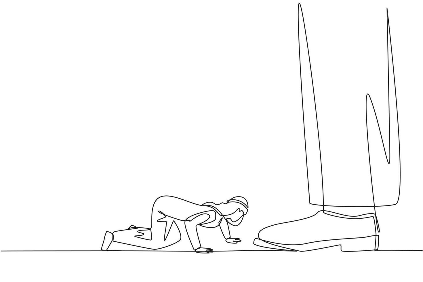 Continuous one line drawing Arabian businessman kneels and licks giant foot. Begging to the investors to disburse reserve funds. Avoid bankruptcy. Struggle. Single line draw design illustration vector
