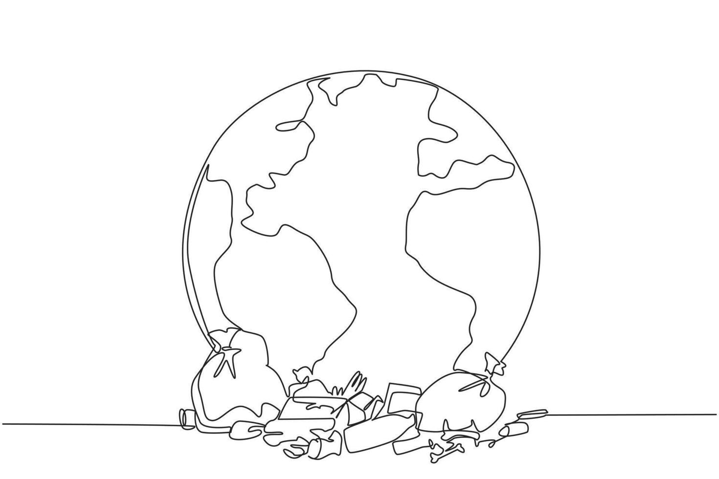 Single one line drawing a large globe surrounded by scattered rubbish. Nature no longer presents its beauty. Risk of more rapid increase in global warming. Continuous line design graphic illustration vector