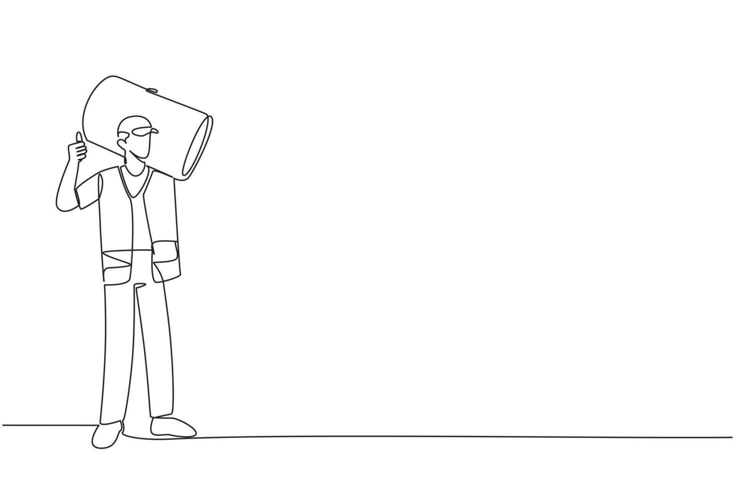 Single one line drawing trash man carrying a trash can giving a thumbs up. Enthusiastic and cheerful when cleaning the environment. Good responsibility. Continuous line design graphic illustration vector