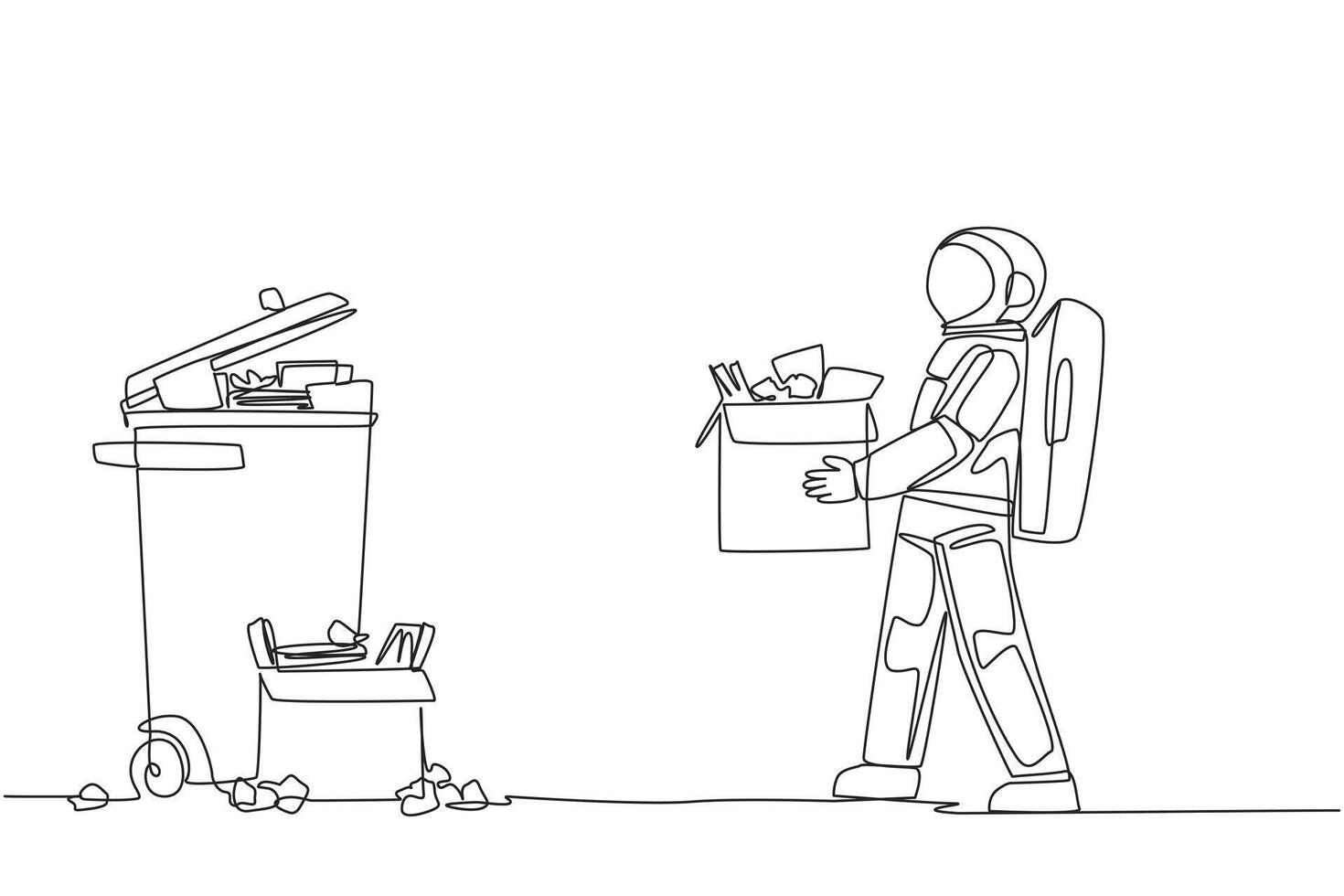 Single one line drawing astronaut carrying a cardboard box full of piles of paper to the trash. Clean the work room before leaving for a space expedition. Continuous line design graphic illustration vector