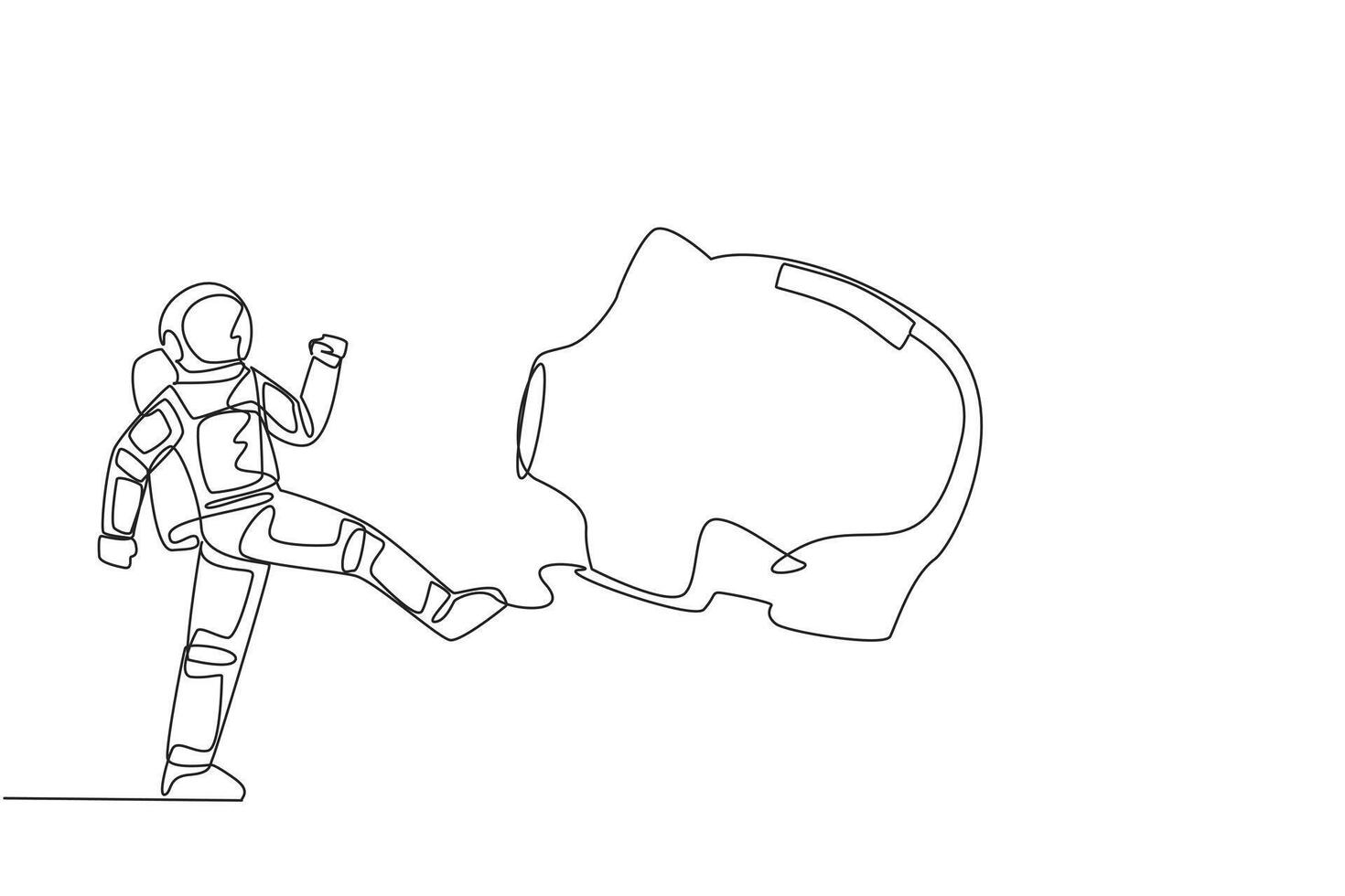 Single continuous line drawing young astronaut kicking the piggy bank. Full of anger. The savings prepared are still not enough to fund a space expedition. Galaxy. One line design illustration vector