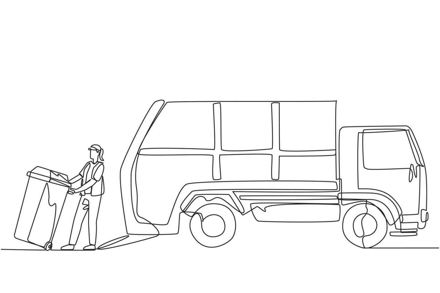 Continuous one line drawing trash woman pulling wheeled trash can towards garbage truck. Using a hat to reduce heat tries to reduce environmental pollution. Single line draw design illustration vector