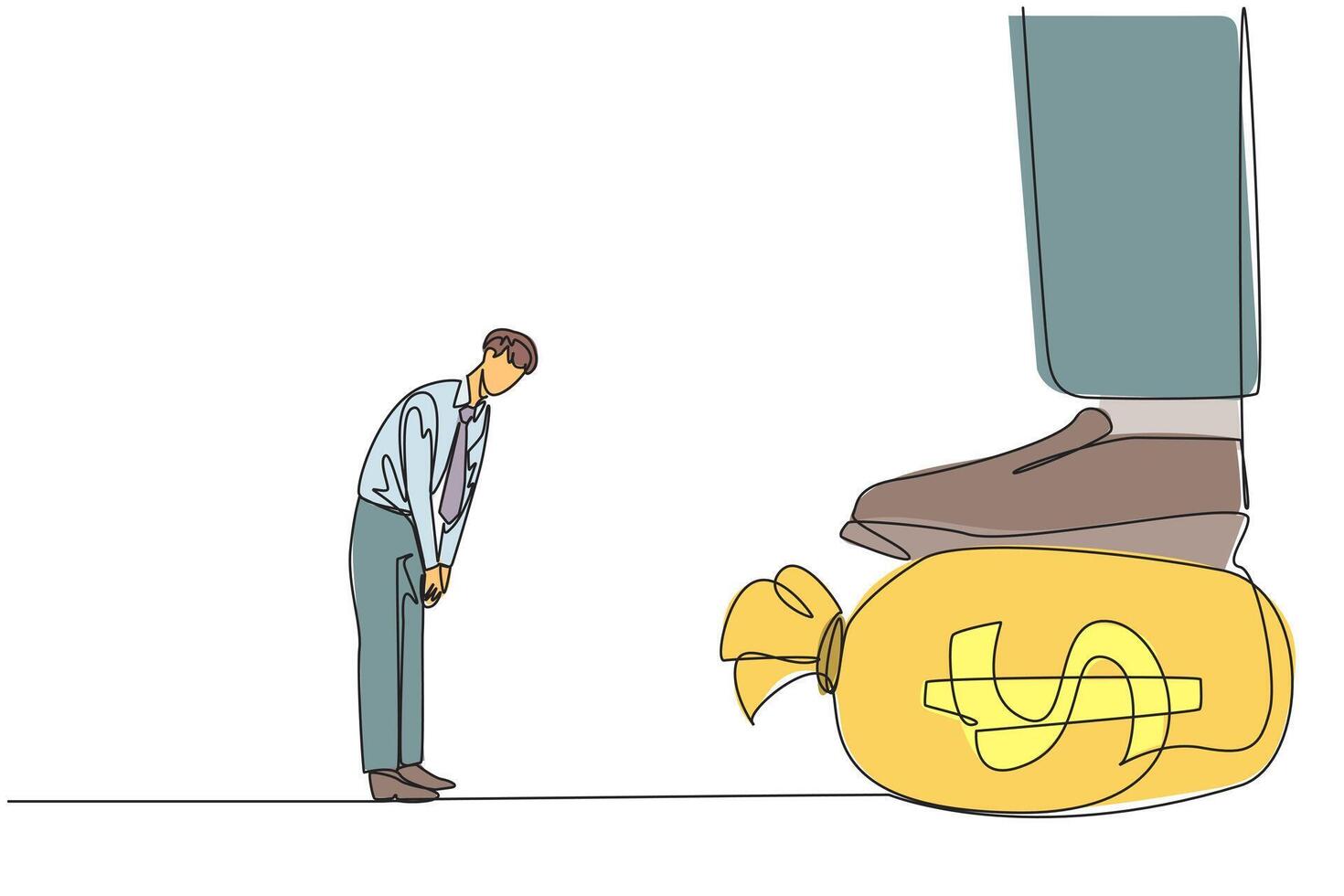 Single continuous line drawing businessman nodded in front of the giant foot stepping on the money bag. Good relationship. Entrepreneurs who respect financiers. One line design illustration vector