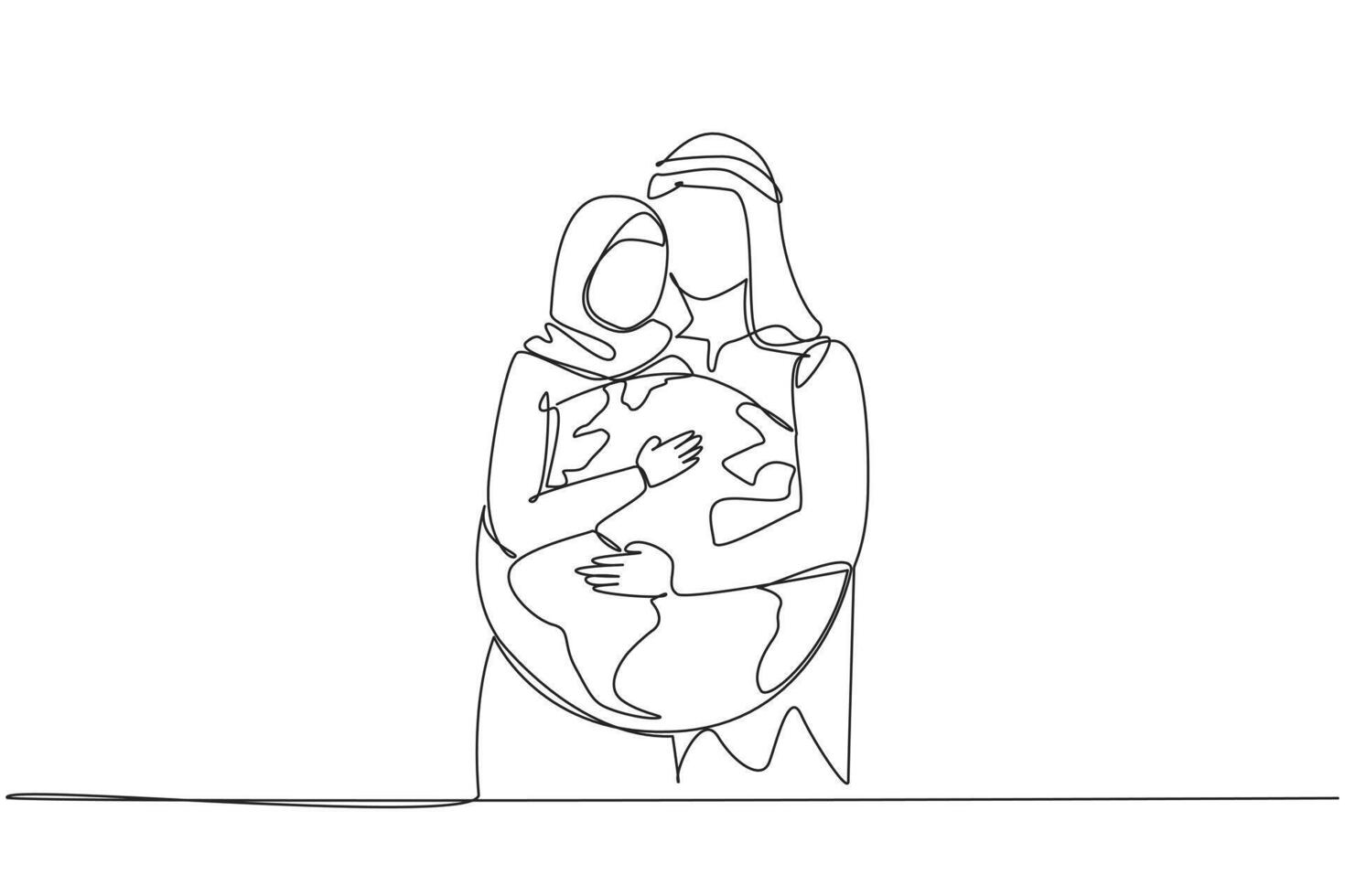 Single one line drawing Arab man and Arab woman hug each other. They both hug the globe. Passion to keep the earth green. Keep away from the pollution. Continuous line design graphic illustration vector