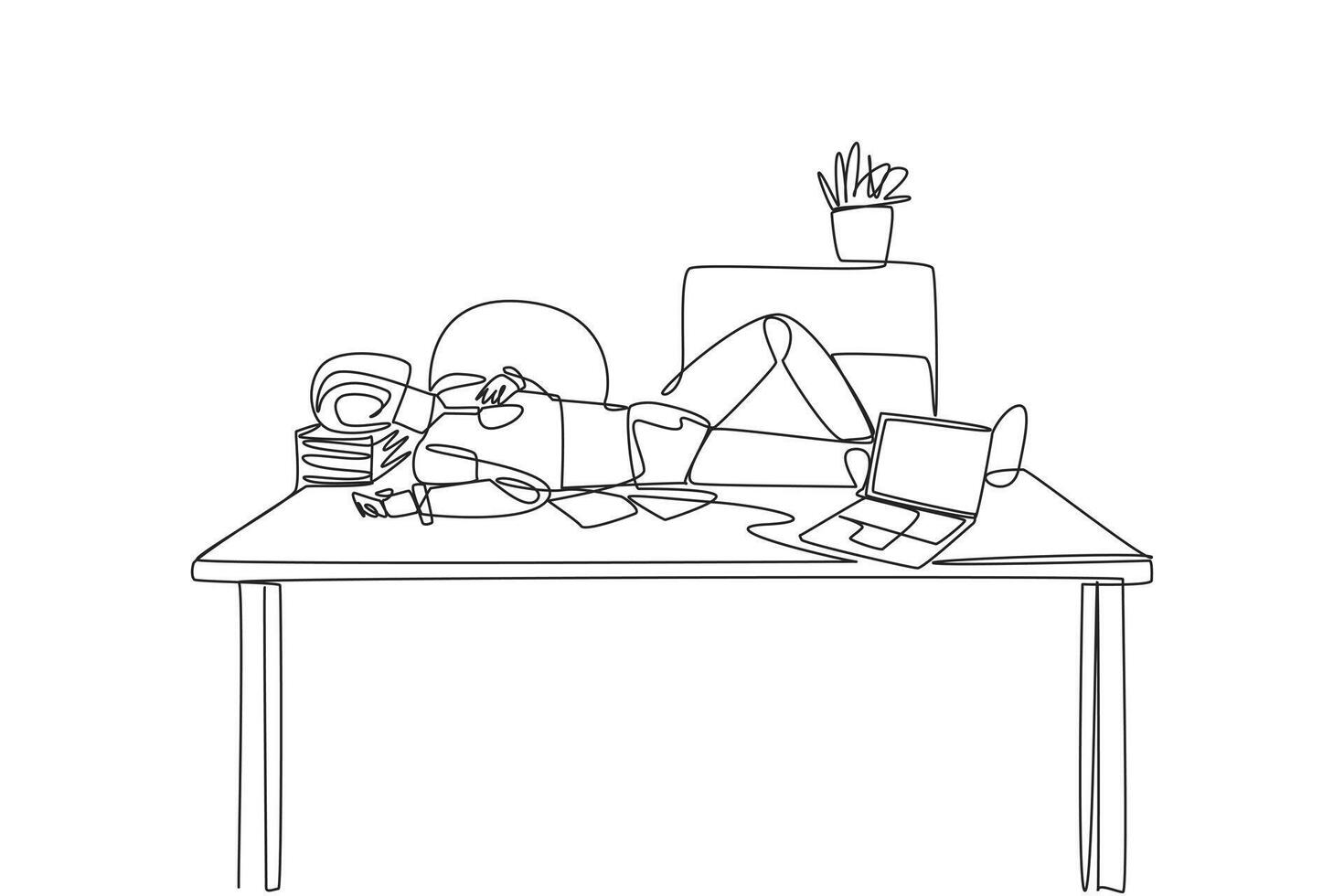 Continuous one line drawing robot fell asleep on the table with a pillow from a pile of papers. Advanced code program. Getting smarter about light sensors. Single line draw design illustration vector