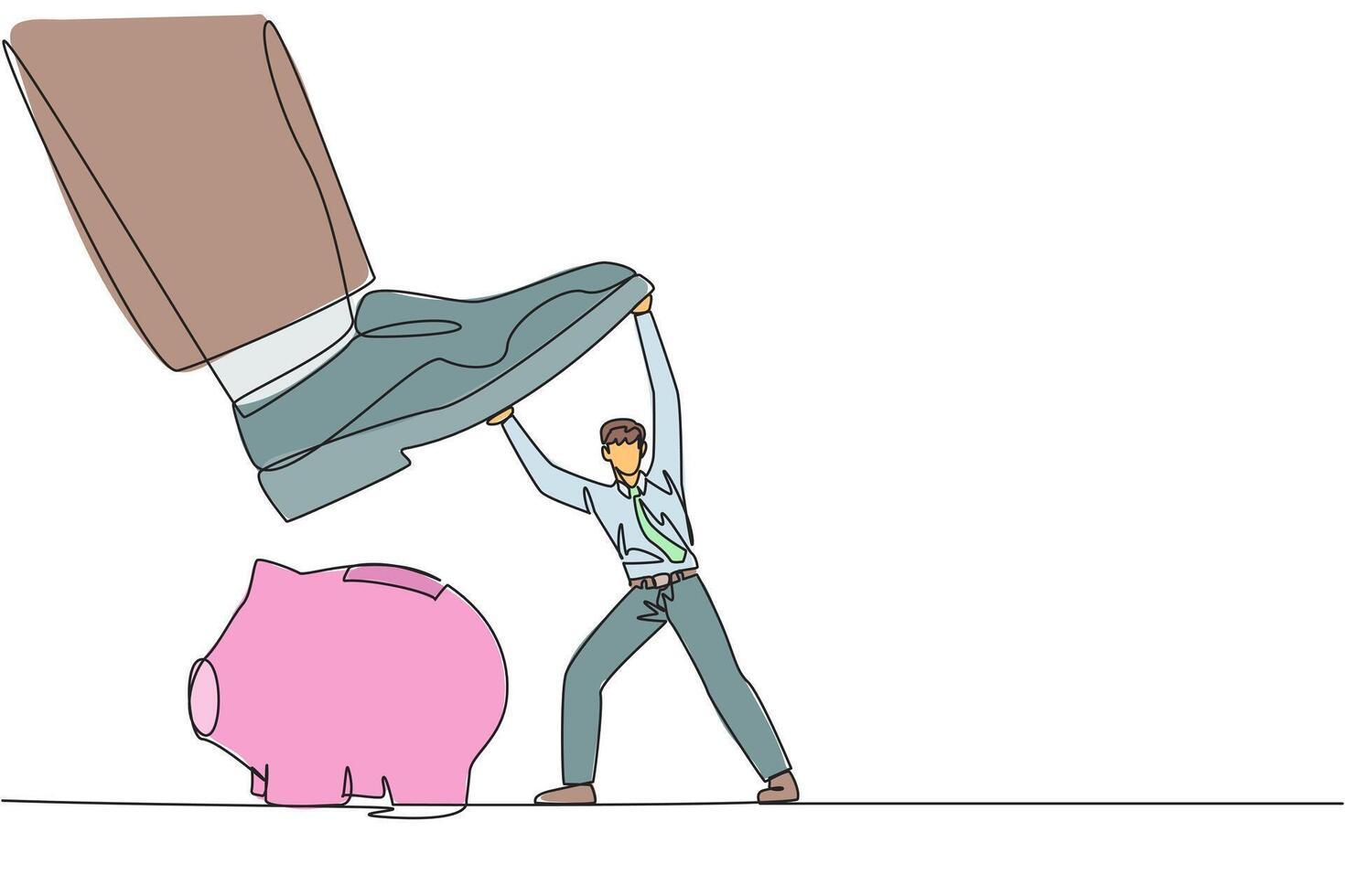 Single continuous line drawing businessman holds back giant foot wants to step on piggy bank. Protects against further damage. Want to take company asset savings. One line design illustration vector