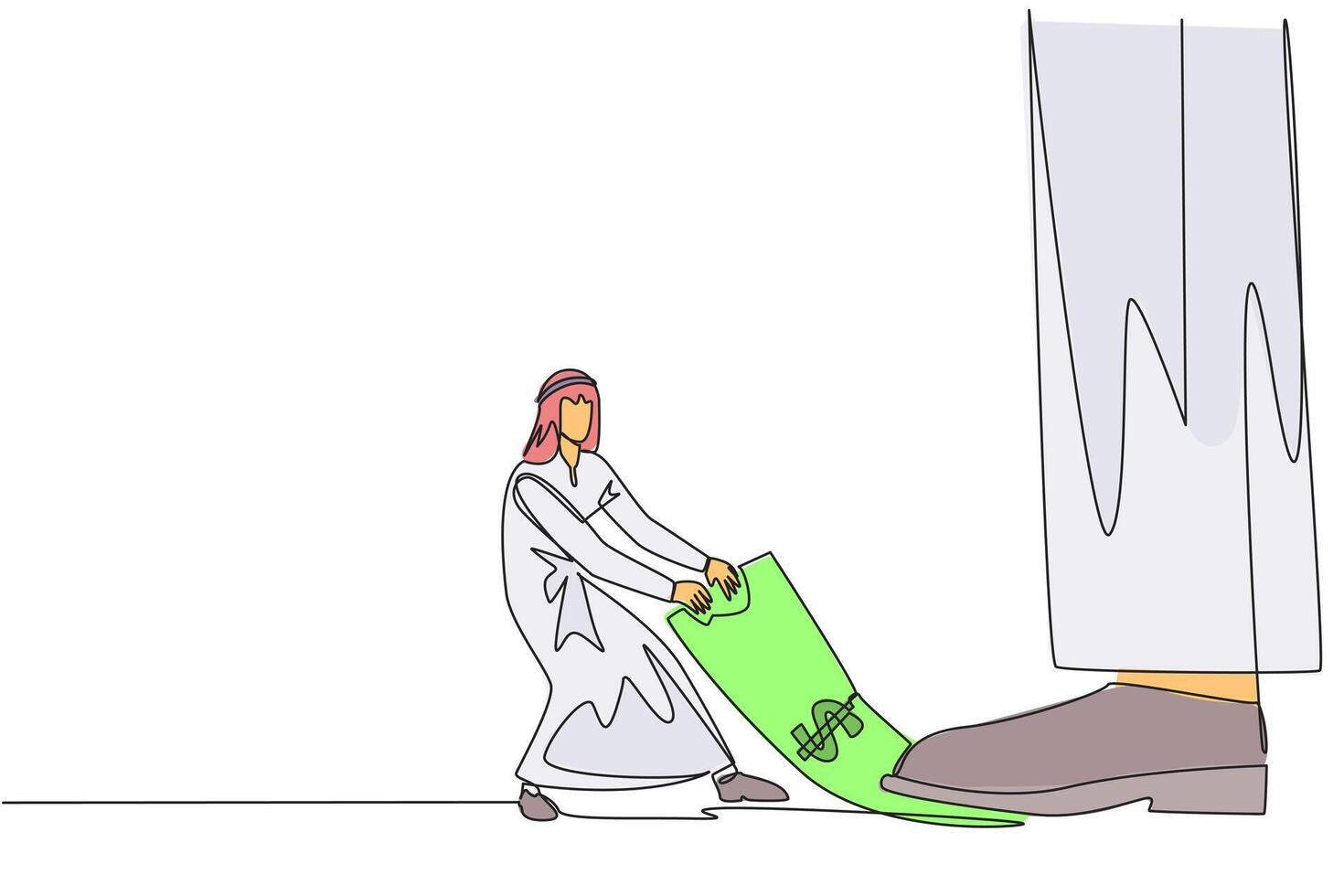 Single one line drawing Arab businessman pulling banknotes that were stepped on by the giant feet. Seize payment rights from unjust sovereigns. Struggle. Continuous line design graphic illustration vector