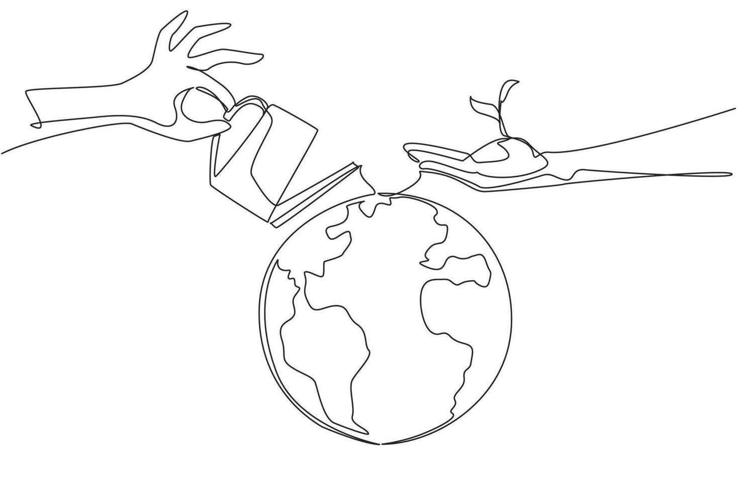 Single one line drawing one hand holds a plant seed while the other waters the globe. Awareness of keeping the earth green starts from oneself. Environment. Continuous line design graphic illustration vector