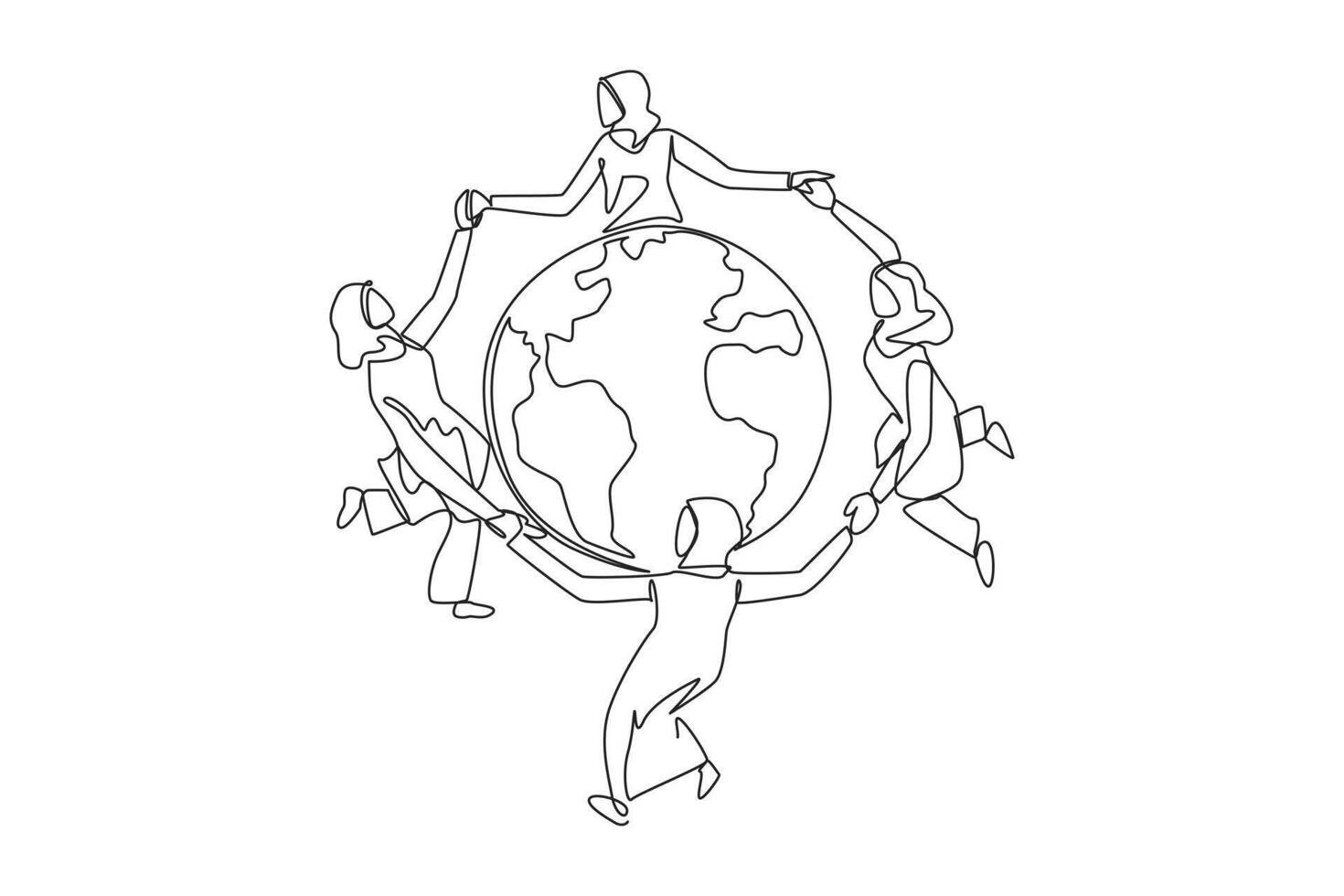 Single one line drawing a group of Arabian women make a circle around the globe. Complete the mission. Stay focused on keeping the earth green. Earth day. Continuous line design graphic illustration vector