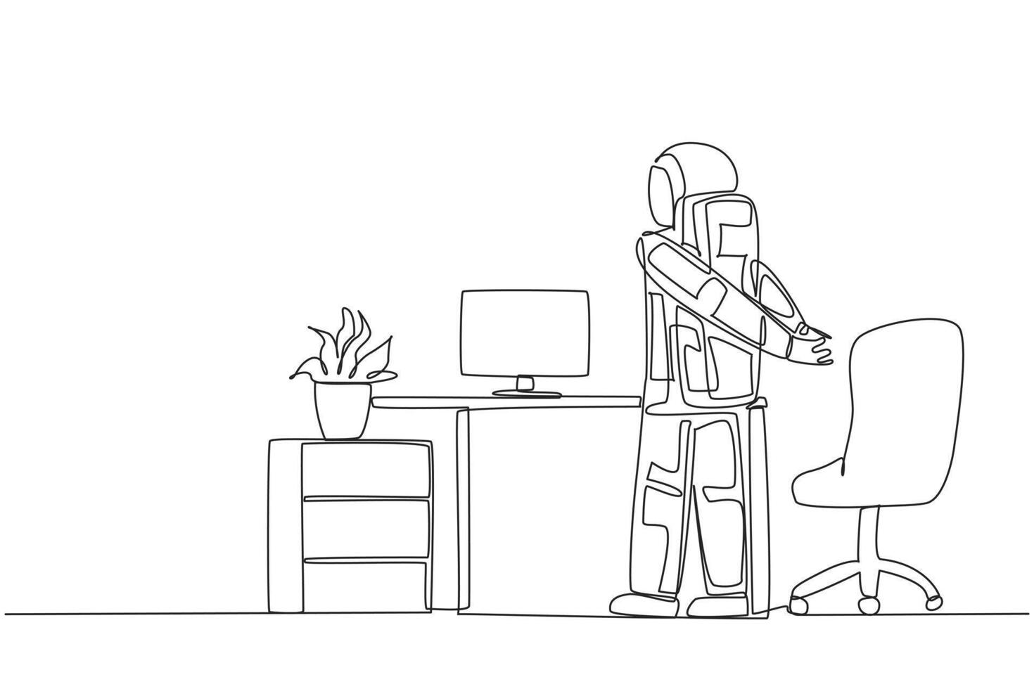 Single one line drawing astronaut stands with his hands behind his back. Stretching. Light exercise to prepare for overtime work making expedition reports. Continuous line design graphic illustration vector
