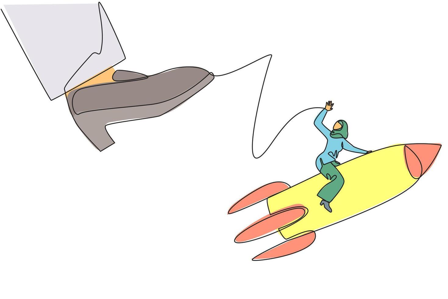 Single continuous line drawing Arab businesswoman riding rocket flies away from giant foot. Preparation opening new business when big obstacles stand in the way. One line design illustration vector