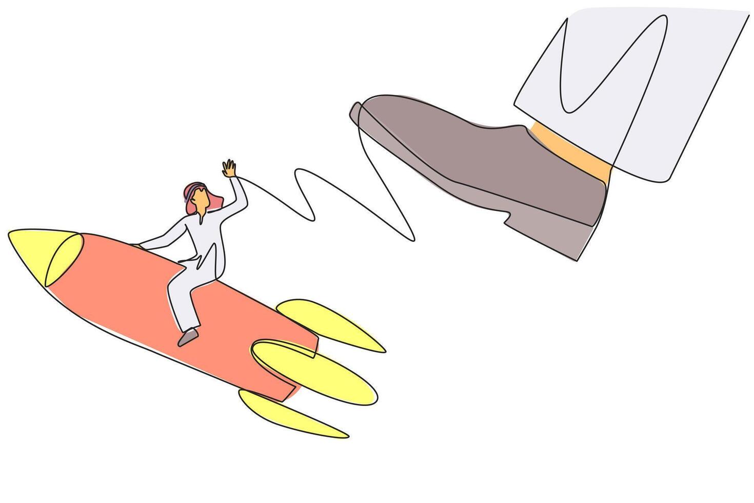 Single one line drawing Arab businessman riding rocket flies away from the giant foot. Continue to open new business branches despite the large disruption. Continuous line design graphic illustration vector