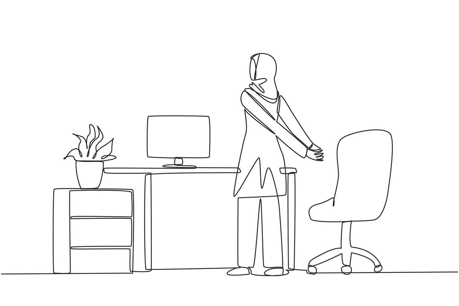 Single continuous line drawing Arabian woman stands with her hands behind her back. Stretching while reviewing the many reports that have been received. Overtime. One line design illustration vector