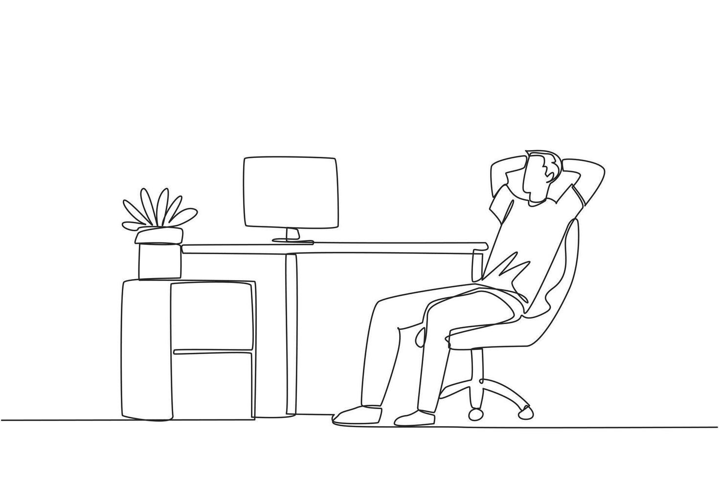 Single one line drawing relaxed man sitting in a work chair with his hands behind his head. Work overtime on weekends. Relax for a moment from busy routine. Continuous line design graphic illustration vector