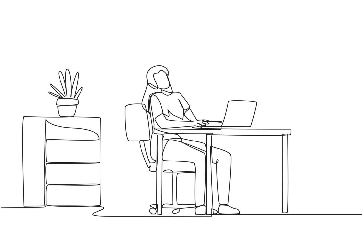 Single continuous line drawing woman sitting in work chair typing on a laptop with her head tilted. Neck tense and stiff. Too focused. Need to stretch. Overtime. One line design illustration vector