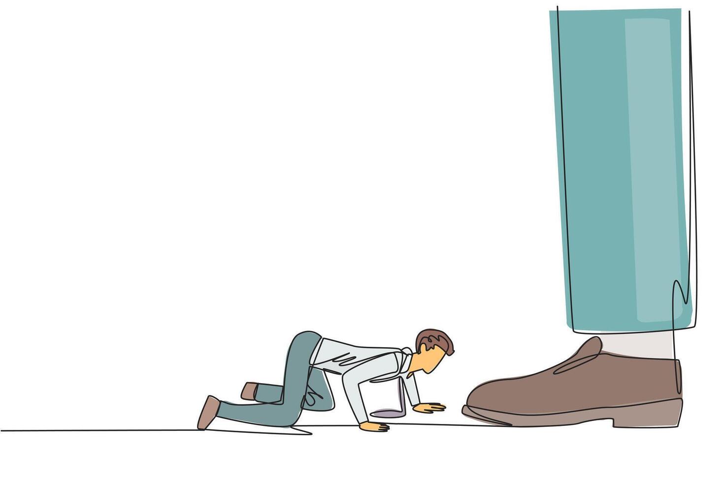 Continuous one line drawing businessman kneels and licks giant foot. Submissive. Licker. Mischievous in the company. Selfish. Destroying team cohesion. Single line draw design illustration vector