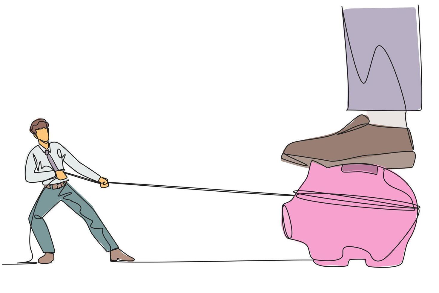 Single one line drawing businessman tries to take piggy bank stepped on by giant foot. Attempting to take ownership of investment. Fight to get decent life. Continuous line design graphic illustration vector