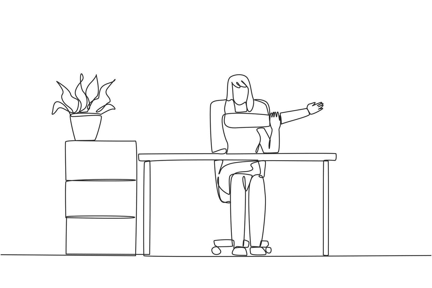 Single continuous line drawing woman sitting in work chair with arms crossed. Stretch to relax hand and finger muscles. Create multiple reports. Hectic. Overtime. One line design illustration vector