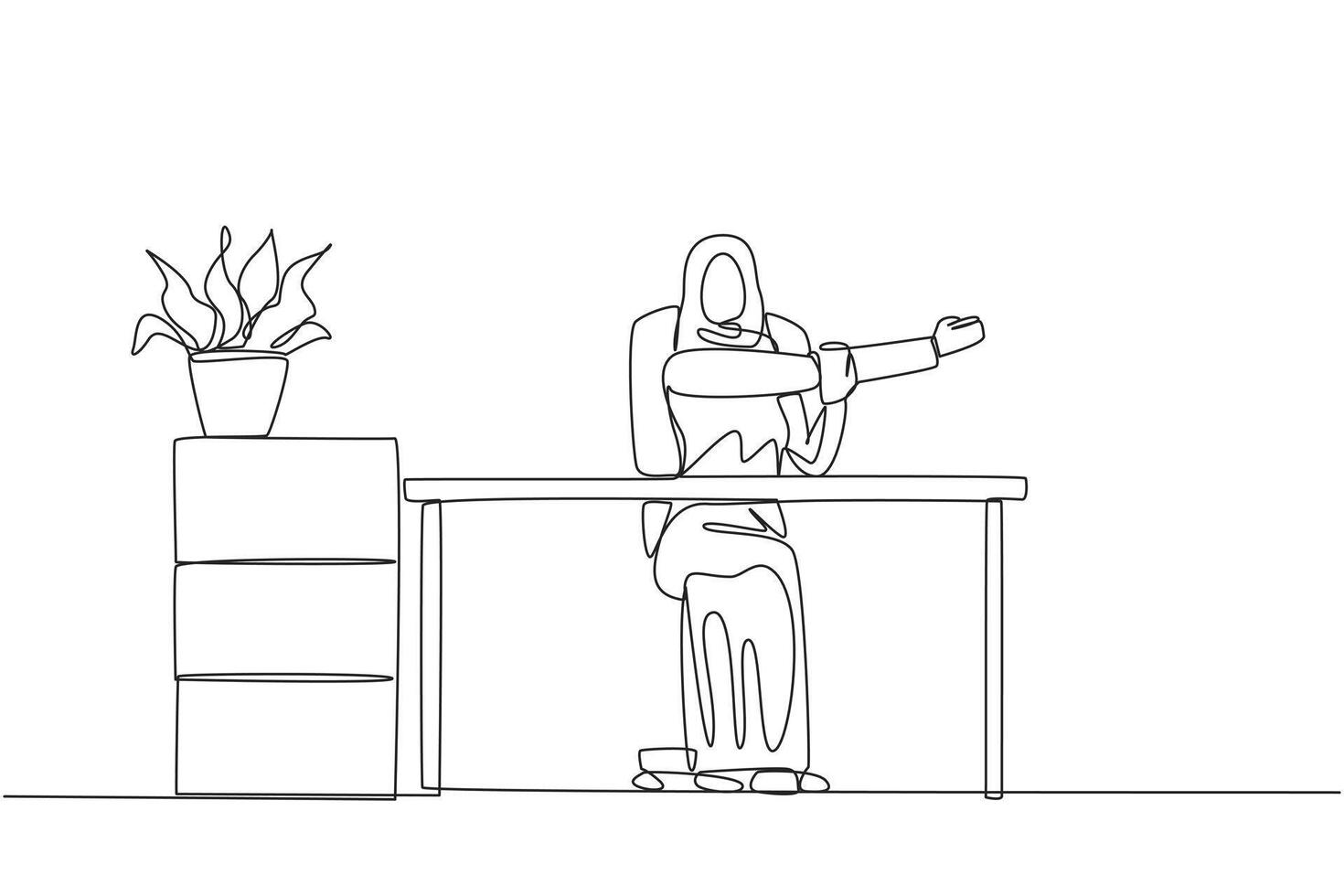 Continuous one line drawing Arabian woman sitting in a work chair with her arms crossed. Stretching in the office. Do light exercise before work. Overtime. Single line draw design illustration vector