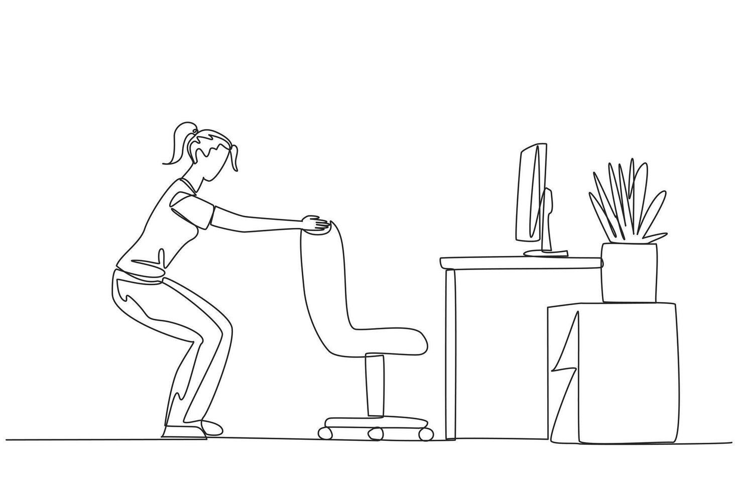Single continuous line drawing woman stands with a slight bend and both hands hold the top of chair. Practice balance even though still have to work. Overtime. One line design illustration vector