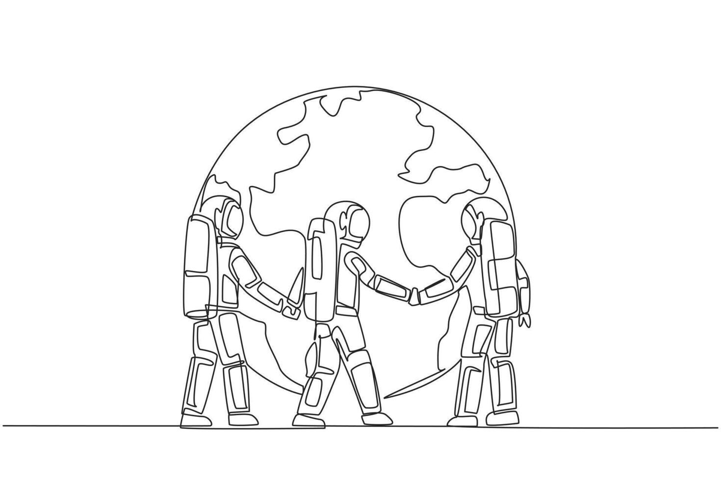Single continuous line drawing group of astronauts standing arm in arm around globe. The mission to plant as many trees as possible has been completed. Celebration. One line design illustration vector