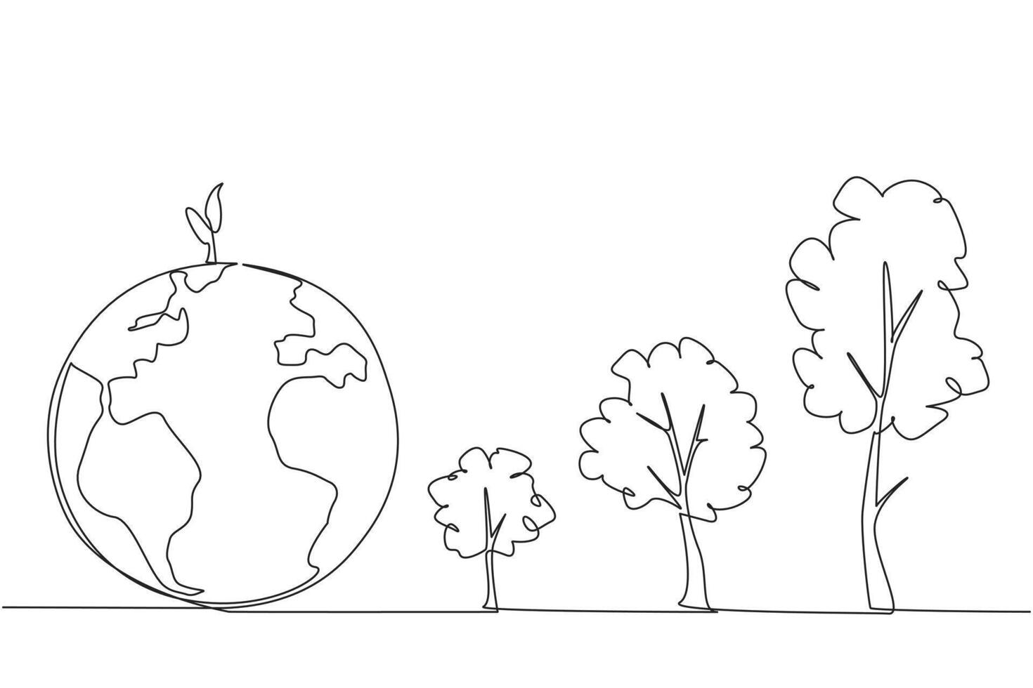 Single continuous line drawing bud grow above the globe. The better the condition of the earth, the better and thicker the trees that grow. World environment day. One line design illustration vector