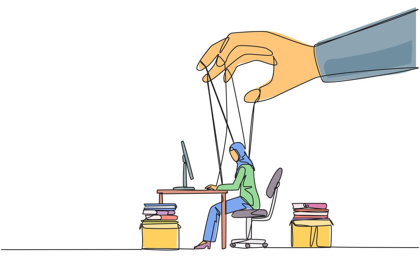 Single continuous line drawing Arab businesswoman typing on laptop, hand moved by ropes. The situation is out of control. Not as expected. Someone is in control. One line design illustration vector