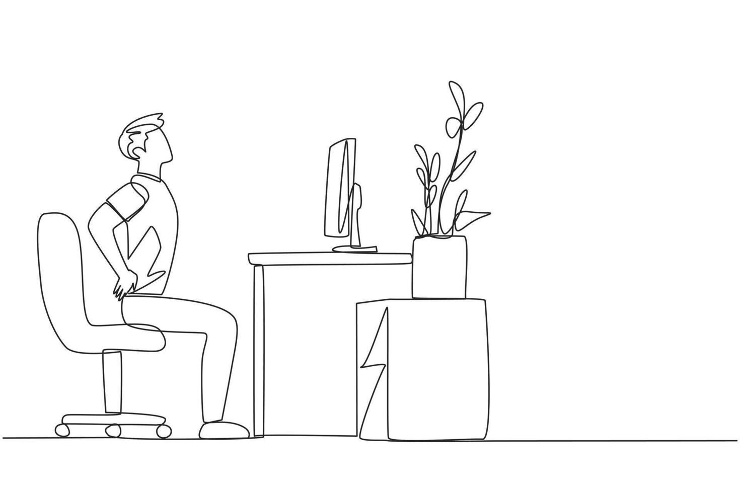 Continuous one line drawing man sitting in a work chair with hands holding his waist. Stretch body and mind. Work overtime on weekends. Relax for a moment. Single line draw design illustration vector