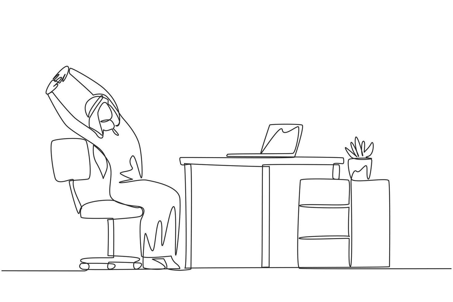 Single one line drawing Arabian man sitting in work chair while raising both hands. Stretching. Working too long in front of the laptop. Overtime. Hectic. Continuous line design graphic illustration vector