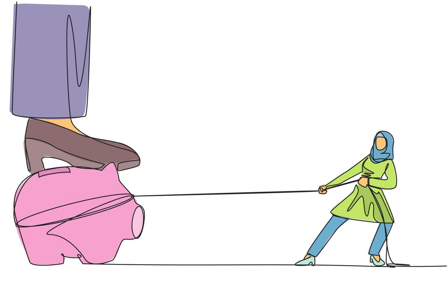 Single one line drawing Arabian businesswoman tries to take piggy bank stepped on by giant foot. Action to save valuable company assets. Appropriateness. Continuous line design graphic illustration vector