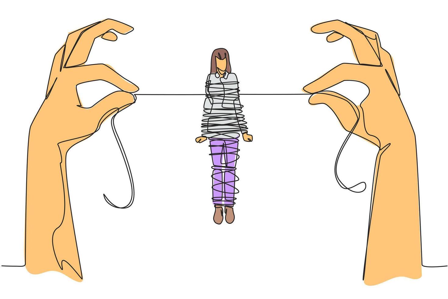 Single continuous line drawing businesswoman standing and tied by a rope held by 2 giant hands. Can't move anywhere. Trapped in debt. Fraudulent investment. Failed. One line design illustration vector