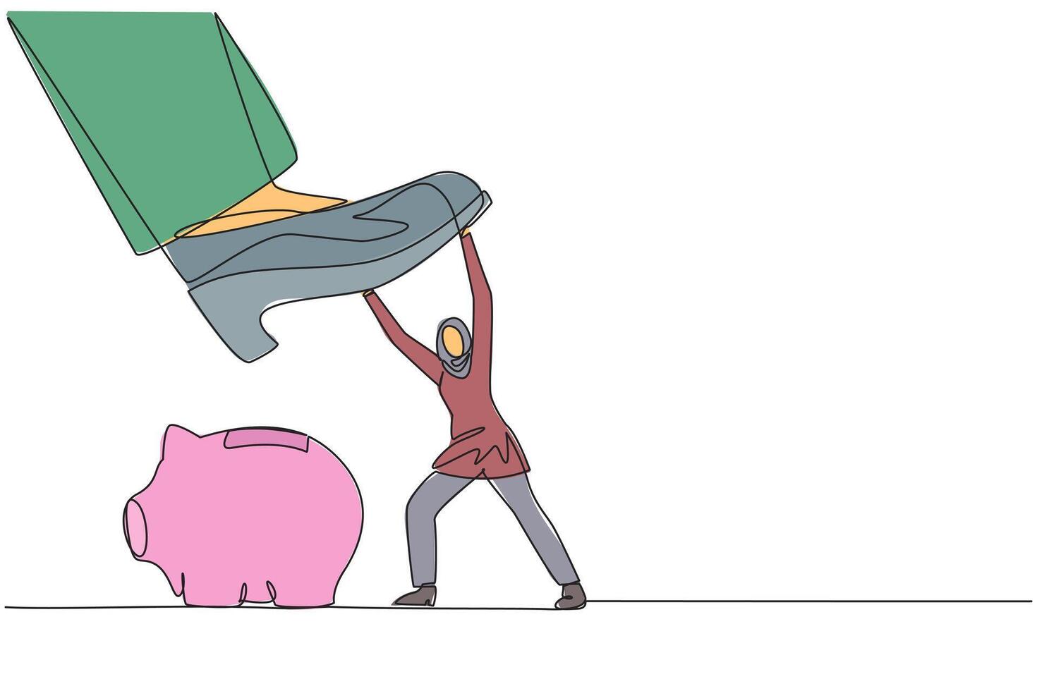 Continuous one line drawing Arab businesswoman holds back giant foot wants to step on piggy bank. Arbitrarily. Sovereigns wants to take investment value. Single line draw design illustration vector