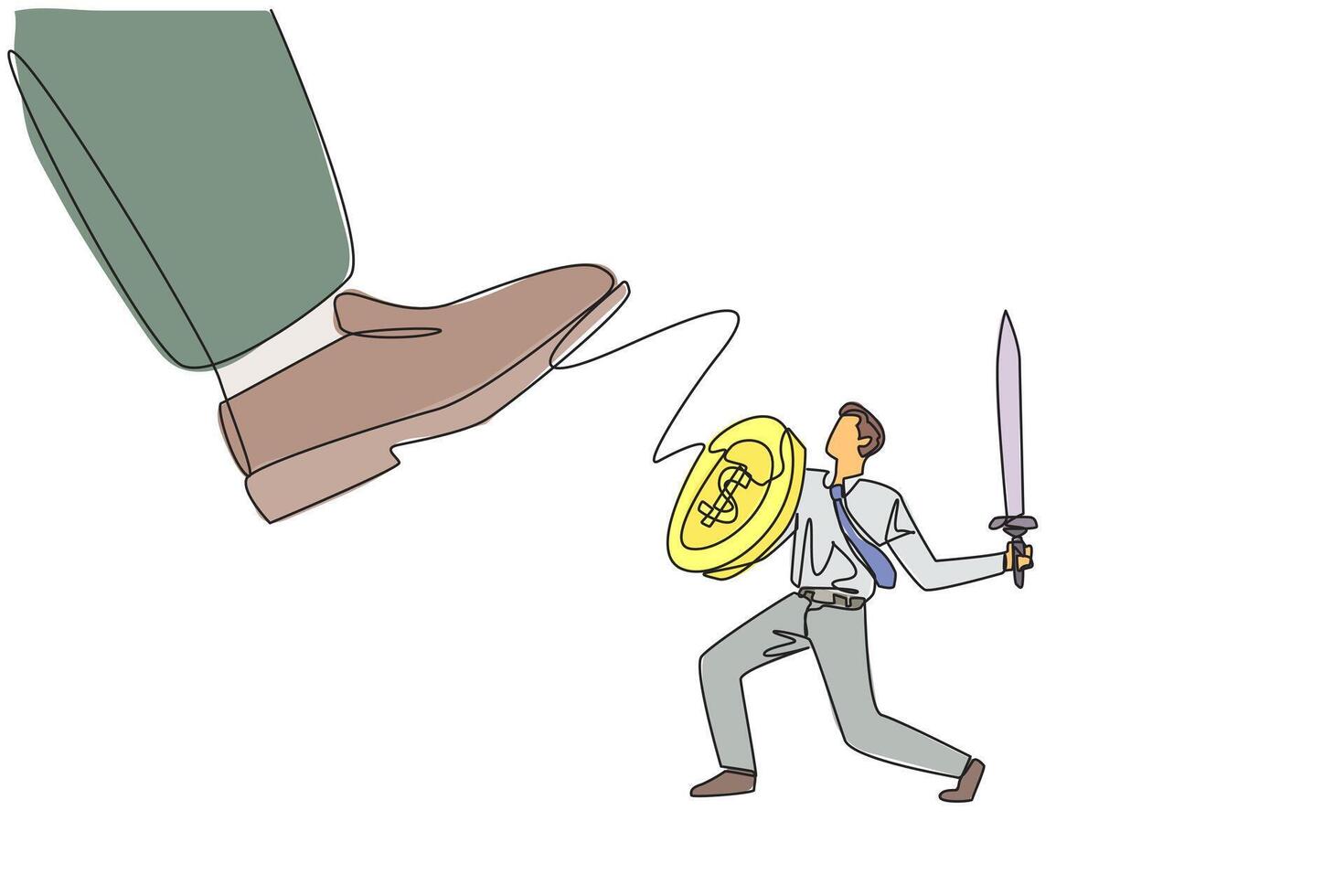 Continuous one line drawing businessman tries to ward off the giant foot that wants to step on him. Big investor destroy market prices. Preventive measure. Single line draw design illustration vector